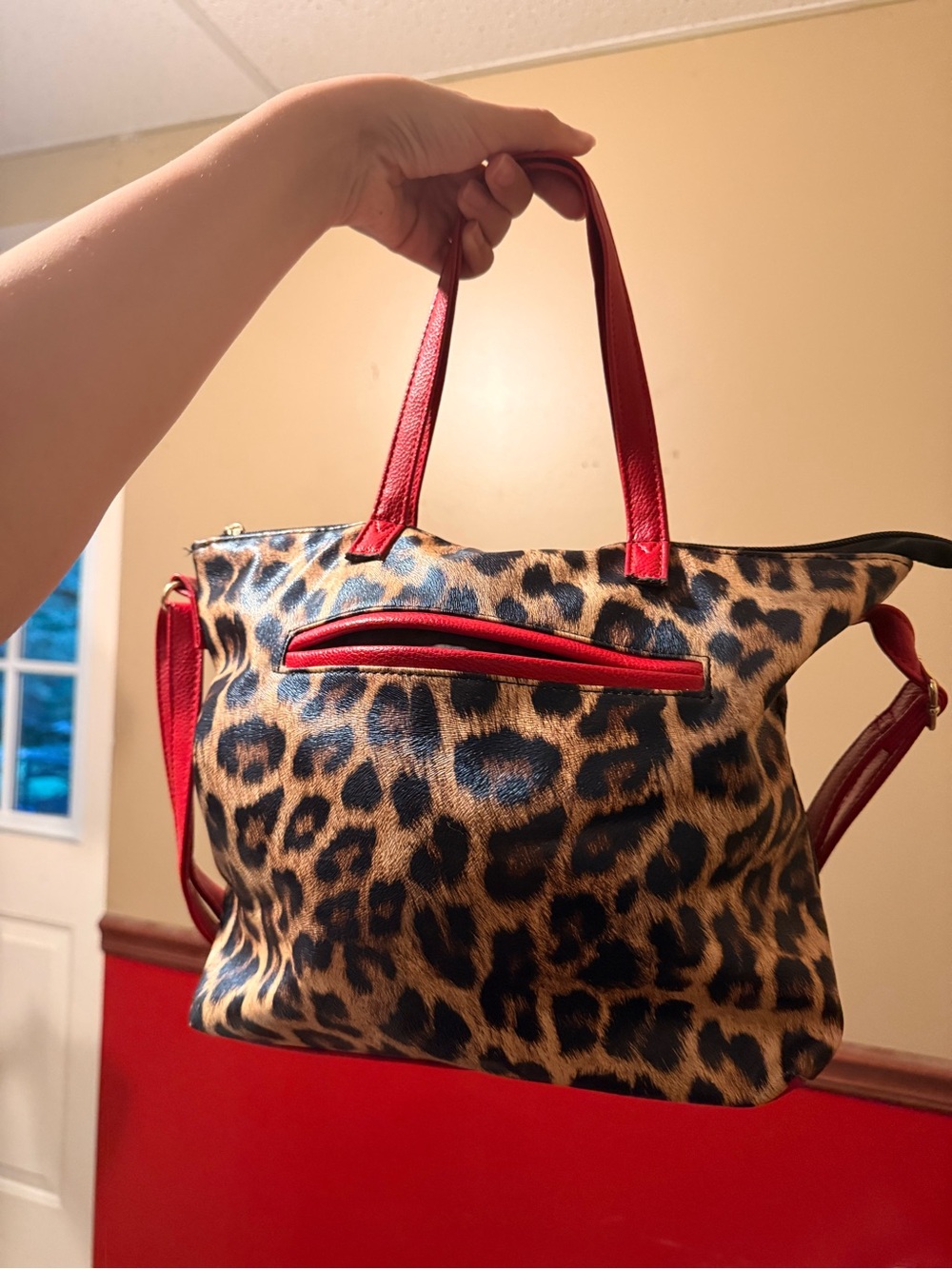 Leopard Print Tote Bag with Red Trim